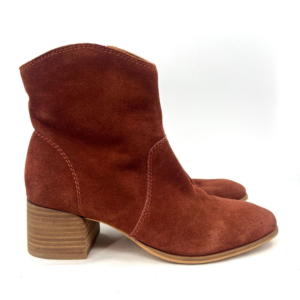 Lucky Brand LAIDEM Suede Ankle Boots Womens 8.5 M Rust Brown Block Heel Booties